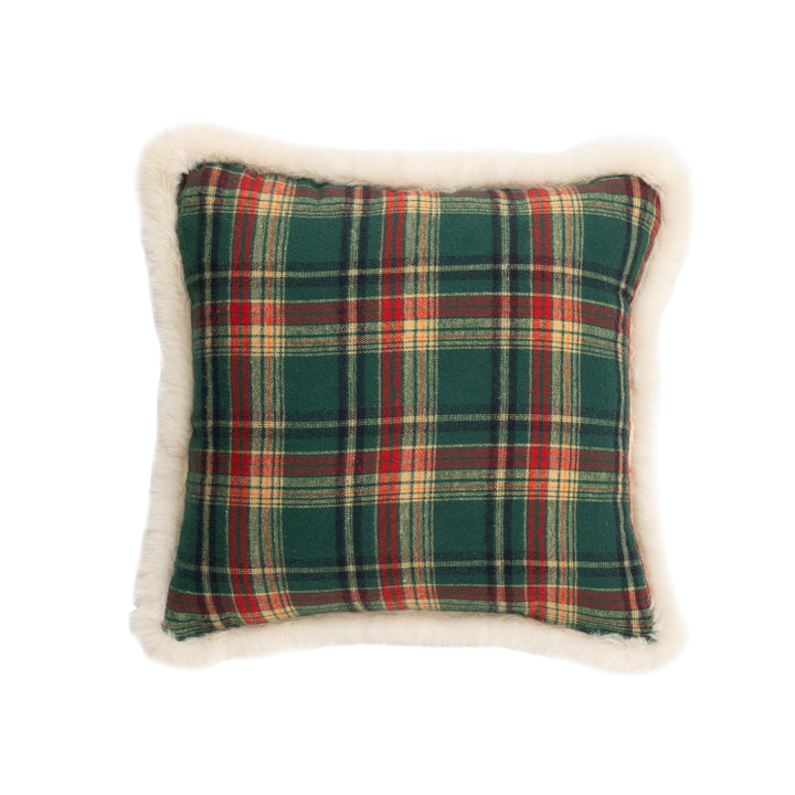 Christmas tree-shaped decorative pillow made of checked flannel with embroidered appliqués