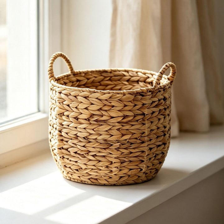Handwoven decorative basket with heart motif