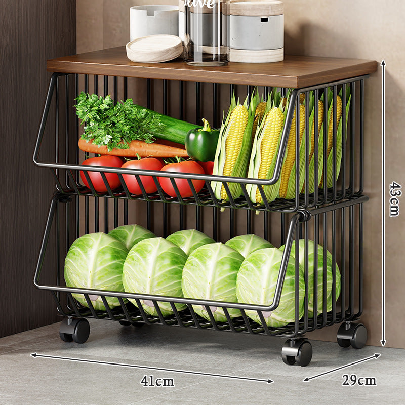 Multi-Tier Rolling Kitchen Fruit and Vegetable Storage Cart with Wood Top