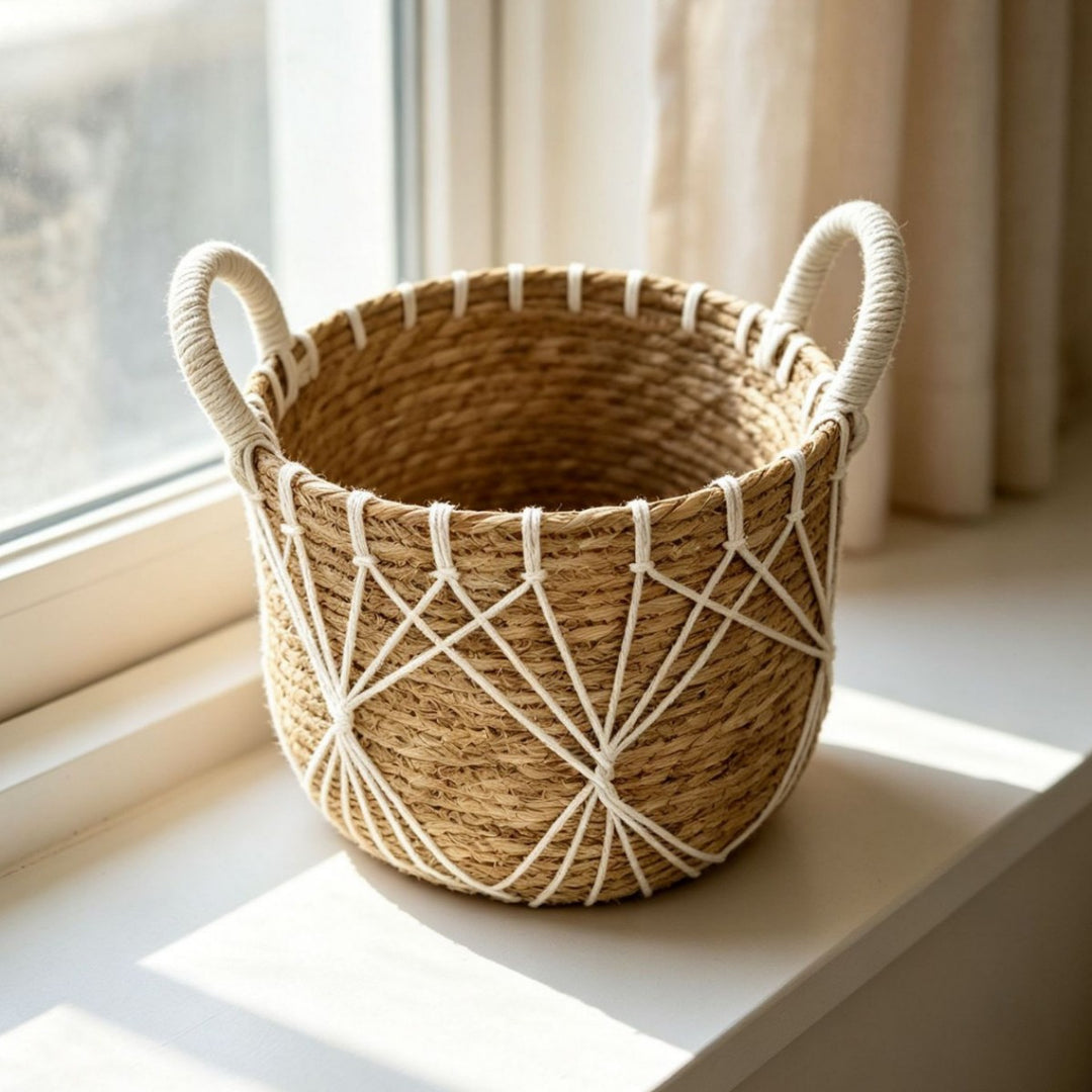 Handwoven decorative basket with heart motif