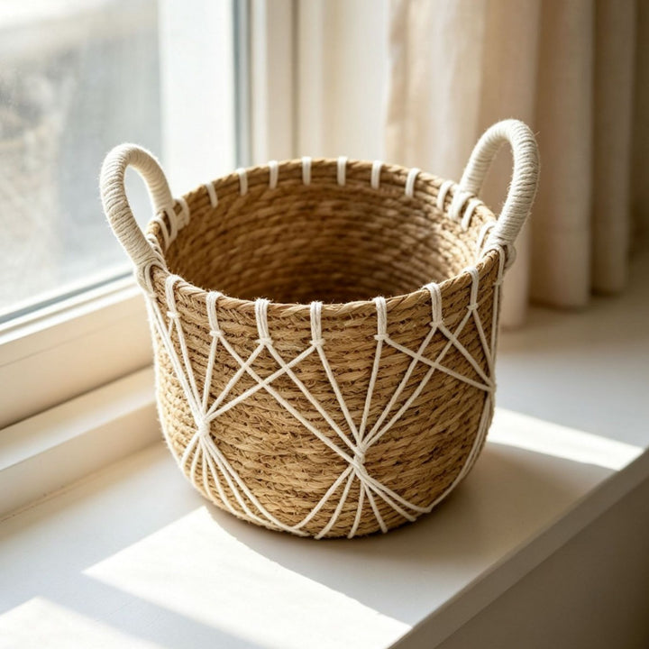 Handwoven decorative basket with heart motif