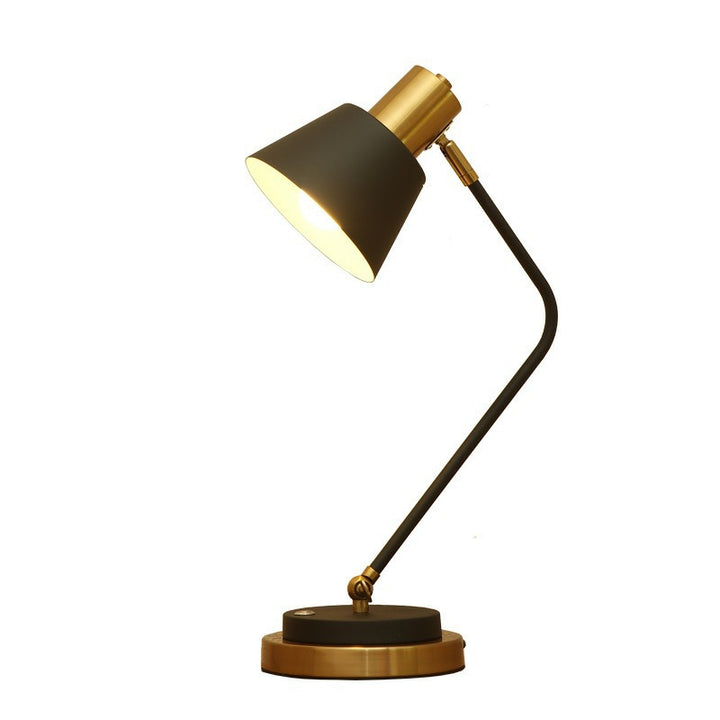 Adjustable metal desk lamp with swivel arm and brass accents