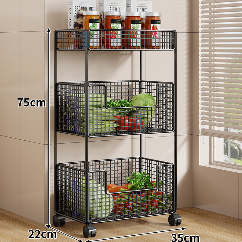 Rolling Metal Mesh Produce Storage Cart with Tall Vertical Compartment and Removable Shelves