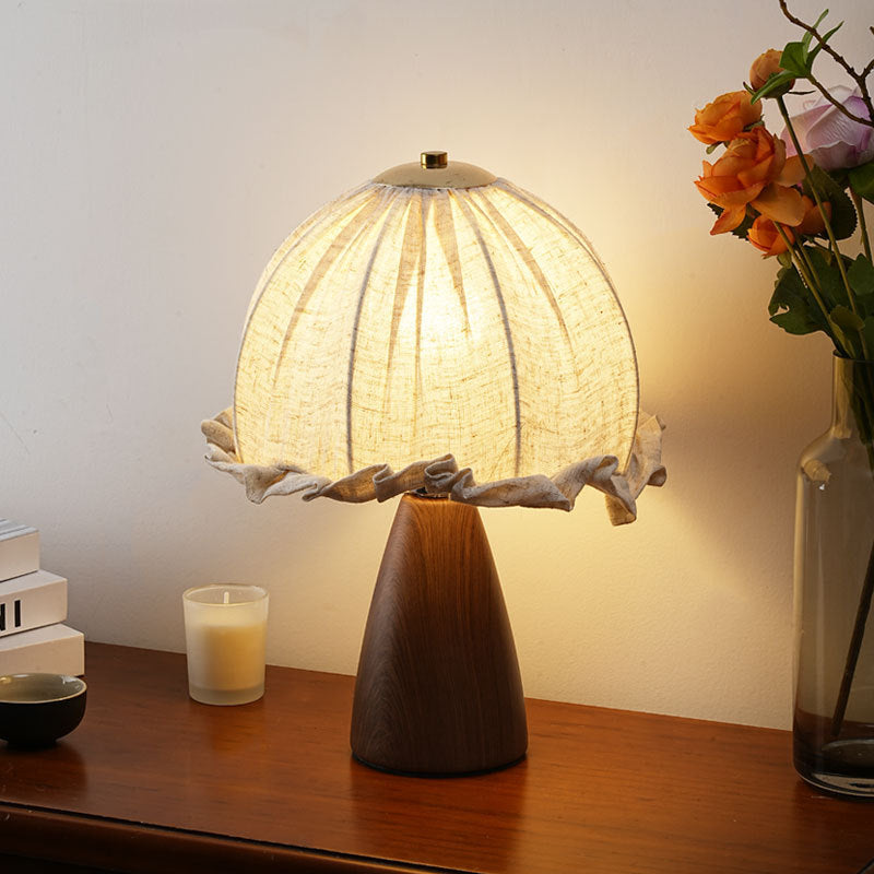 Handmade linen ruffle table lamp with walnut pyramid base