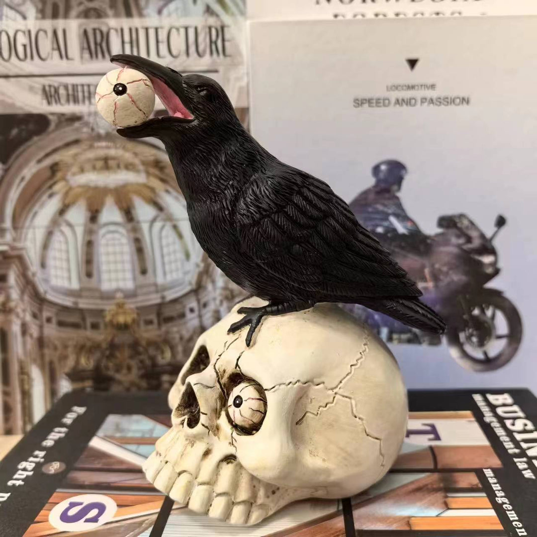 Decorative figure with raven on skull