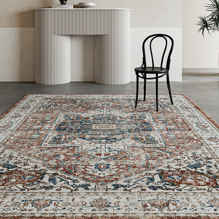 Vintage Distressed Persian-Style Machine-Woven Low-Pile Area Rug
