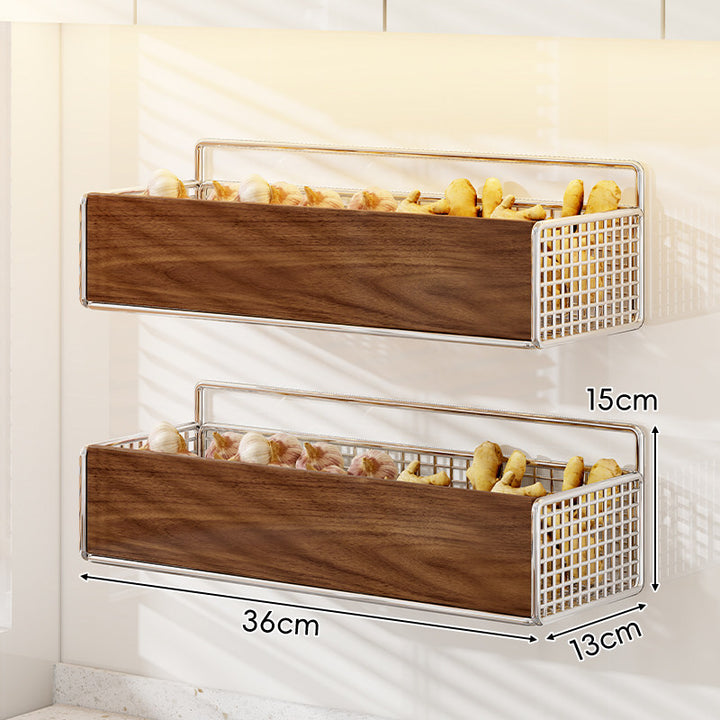 Wall-Mounted Wooden-Front Metal Mesh Kitchen Storage Basket Organizer