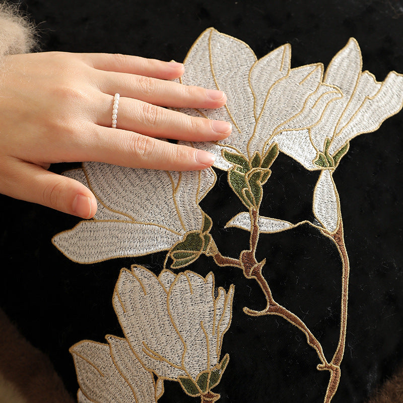 Square velvet decorative pillowcase with magnolia embroidery and faux fur trim