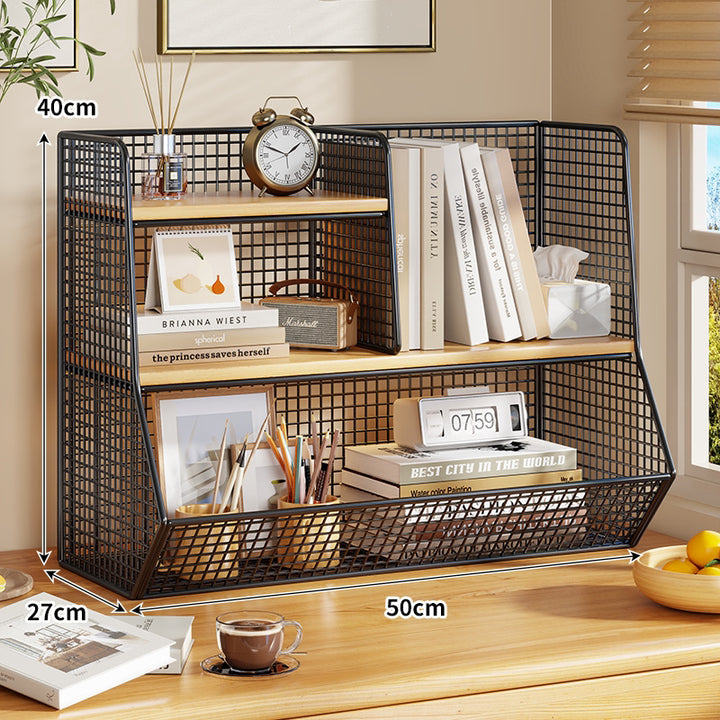 Multi-Tier Metal Mesh Desktop Organizer Shelf with Angled Front Basket