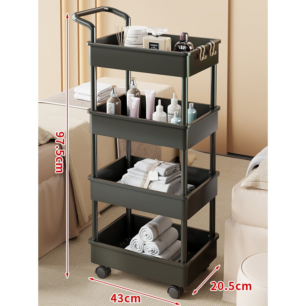 Compact Two-Tier Rolling Storage Trolley with Handle and Hooks