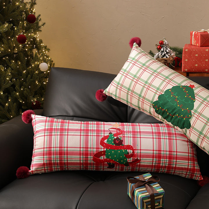 Long neck and decorative cushion with check pattern, dog Christmas tree application and pompom