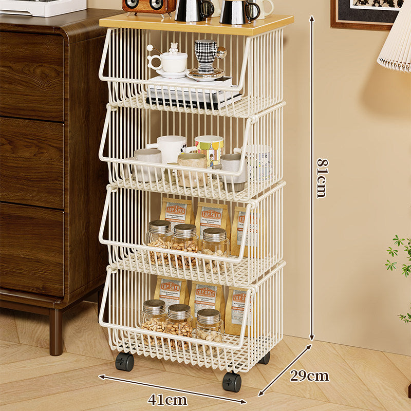 Four-Tier Industrial Wire Basket Cart with Wood Top and Swivel Locking Casters