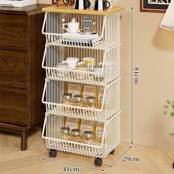 Four-Tier Industrial Wire Basket Cart with Wood Top and Swivel Locking Casters