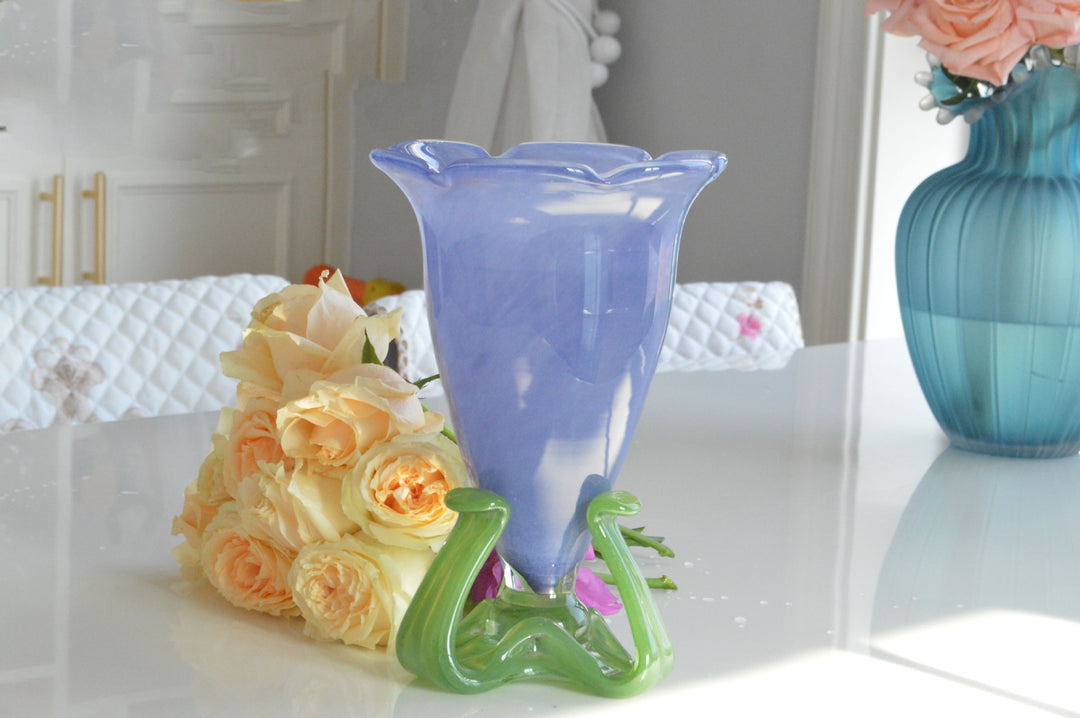 Tall Hand-Blown Fluted Glass Vase with Ruffled Rim & Rounded Pedestal Base