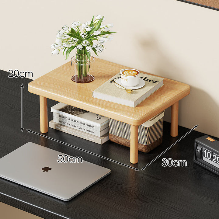 Compact Solid Wood Elevated Desk Display Stand with Under-Shelf Storage and Rounded Leg Design