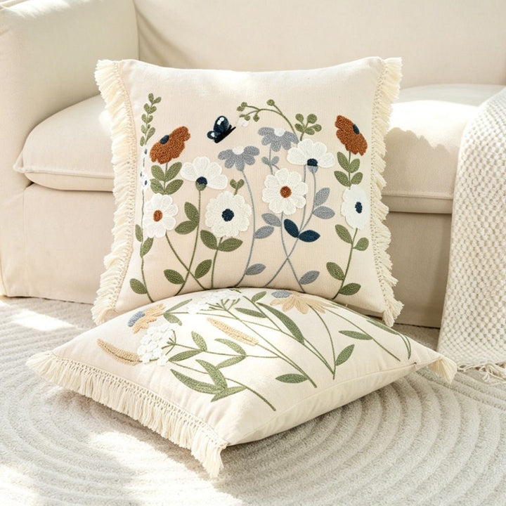 Embroidered Floral Design Throw Pillow