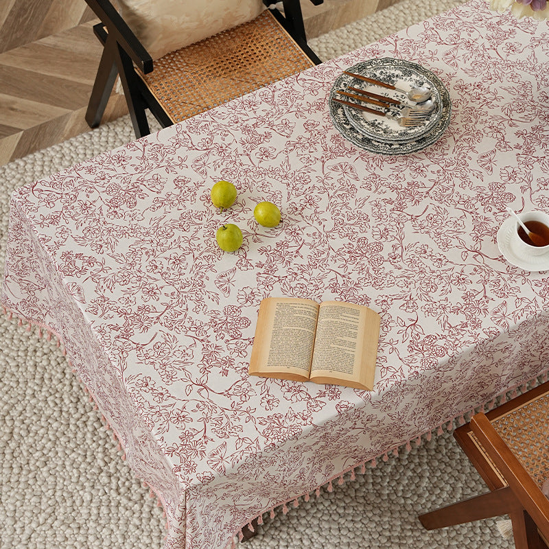 Tablecloth made of cotton blend fabric with floral jacquard look and tassel trim