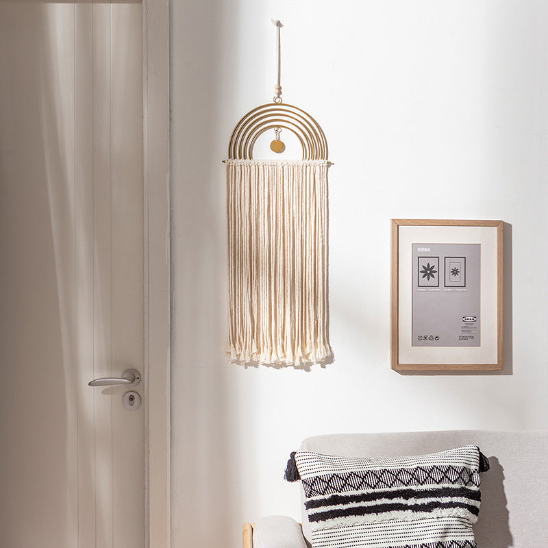 Boho macrame wall hanging with semicircle metal frame and long fringes