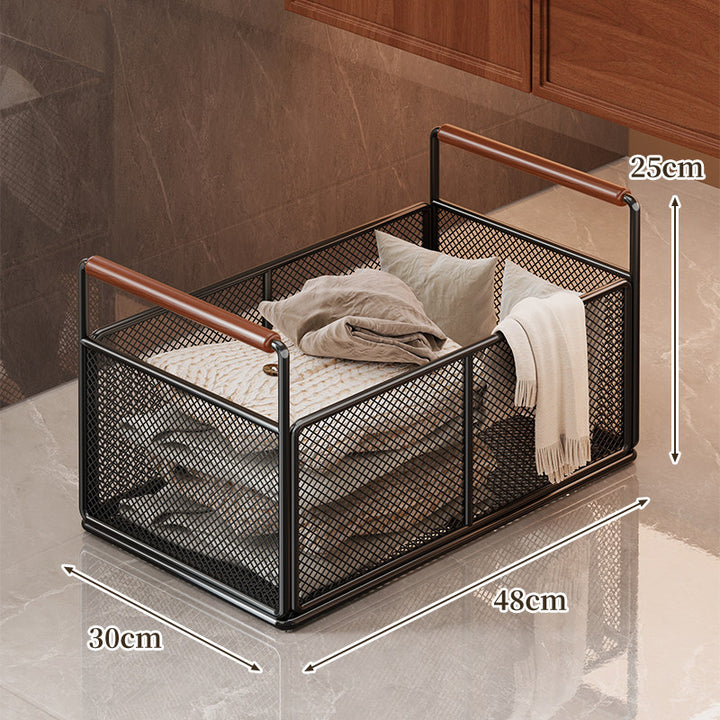 Low-Profile Metal Mesh Storage Crate with Dual Wood-Accent Handles for Blankets and Towels