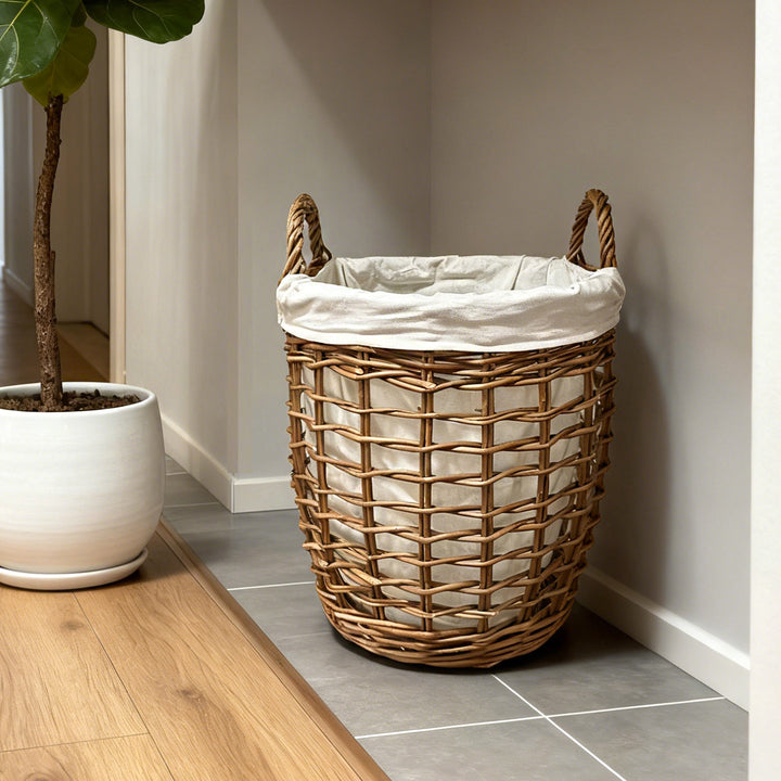 Handcrafted laundry basket with fabric cover