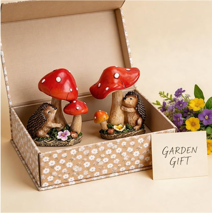 Cute decorative figure with hedgehog and fly agarics