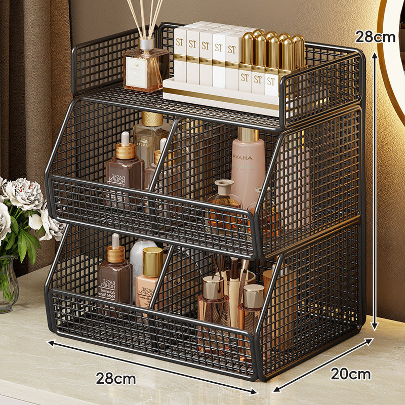 Two-Tier Metal Grid Countertop Vanity Organizer Shelf with Raised Front Lip