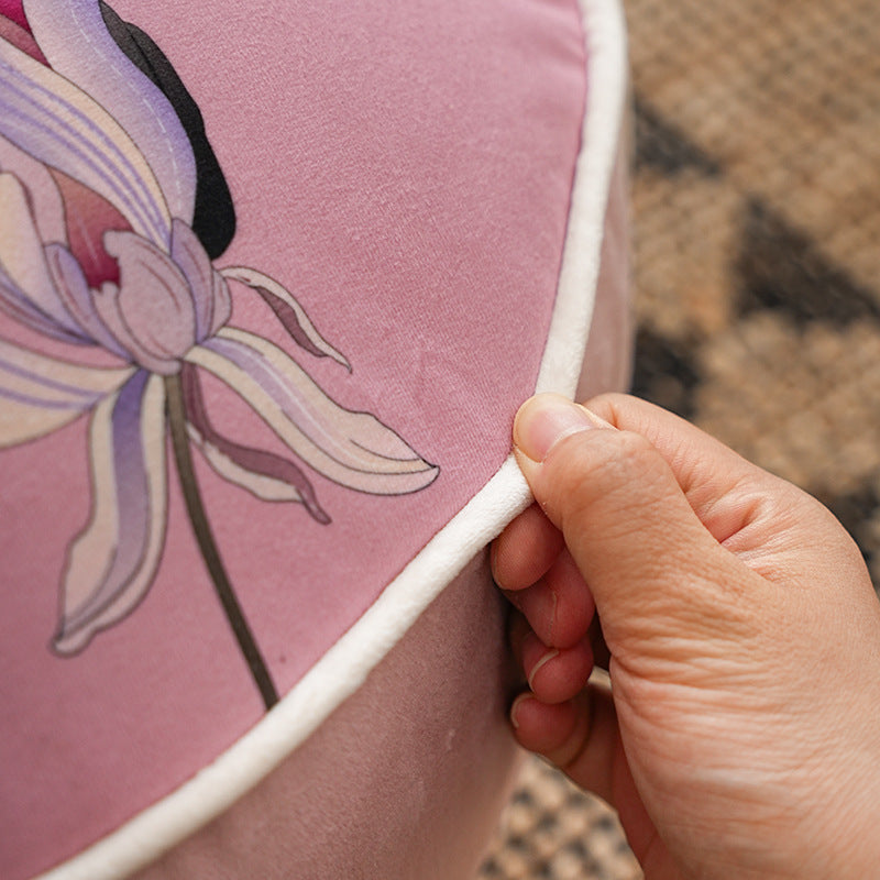 round floor sitting pouf with butterfly motif and sturdy canvas cover