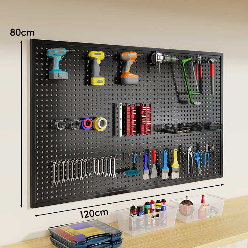 Wall-Mounted Perforated Metal Tool Pegboard Organizer Panel with Modular Hooks and Wire Baskets