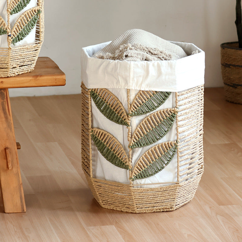 Rustic laundry basket with floral pattern