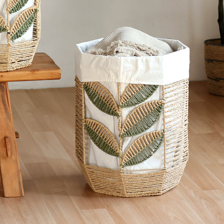 Rustic laundry basket with floral pattern