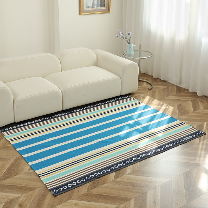 Flat-woven striped living room rug with low pile and non-slip backing
