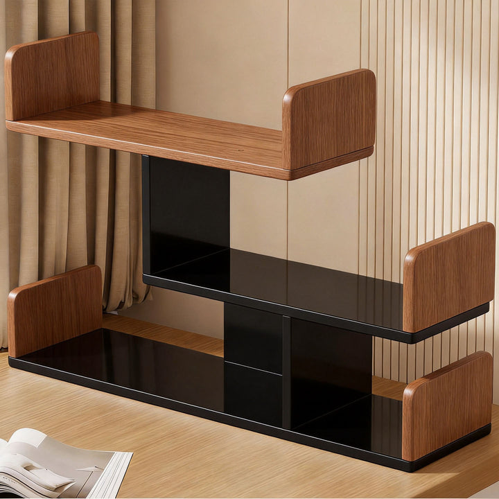 Tri-Tier Staggered Wooden Countertop Display Shelf with Smoked Acrylic Side Panels