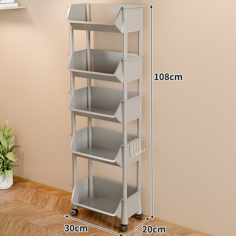 Slim Vertical Four-Bin Rolling Storage Tower with Deep Angled Bins and Side Hook