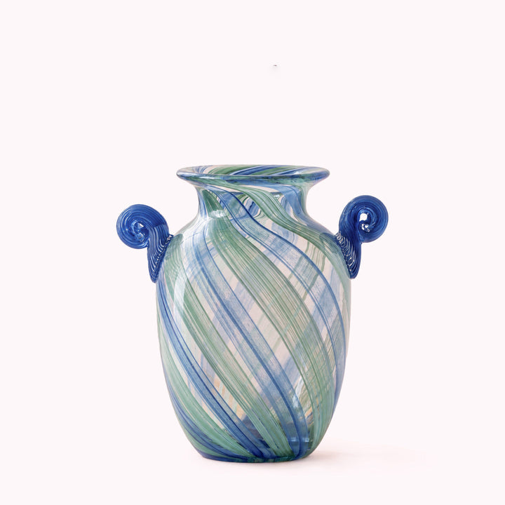 Swirled Hand-Blown Glass Amphora Vase with Spiral Scroll Handles