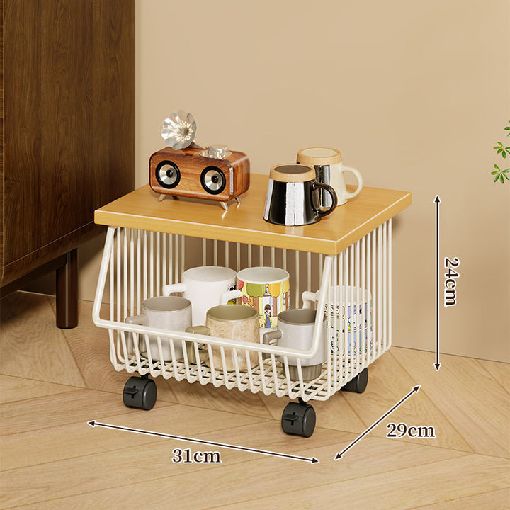 Four-Tier Industrial Wire Basket Cart with Wood Top and Swivel Locking Casters
