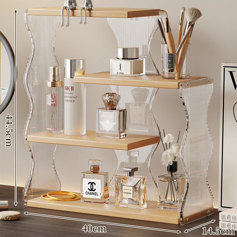 Acrylic Wave-Side Three-Tier Countertop Cosmetic Organizer with Wood Shelves