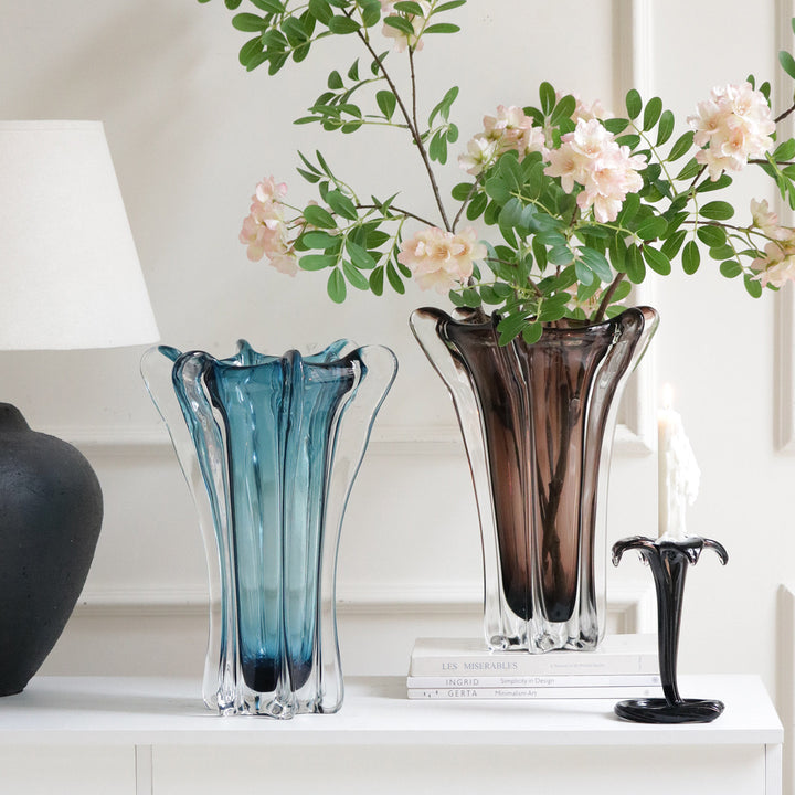 Tall Fluted Hand-Blown Sculptural Glass Centerpiece Vase