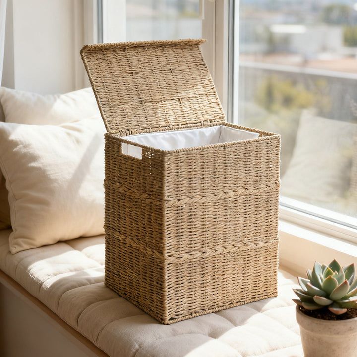 High-quality laundry basket with lid and natural weave