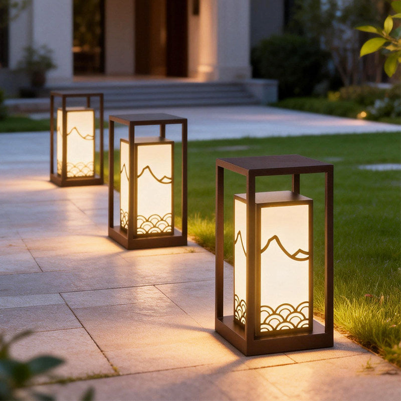 Japanese inspired solar garden floor lantern with wooden frame