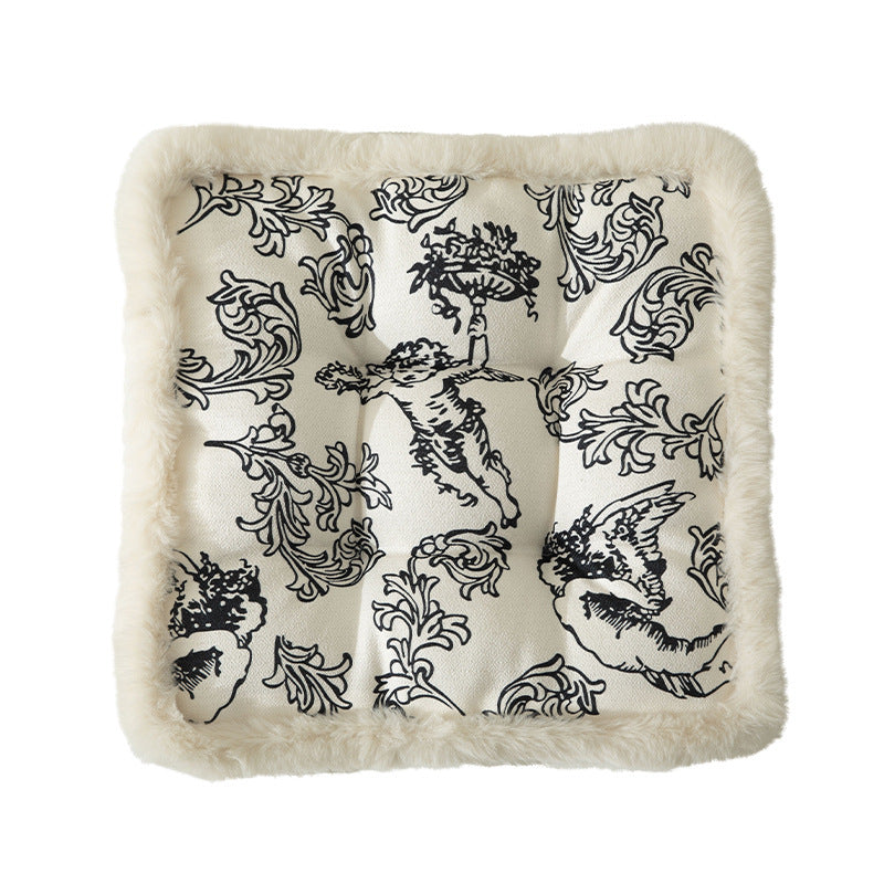 Decorative square seat cushion with baroque angel print and faux fur trim