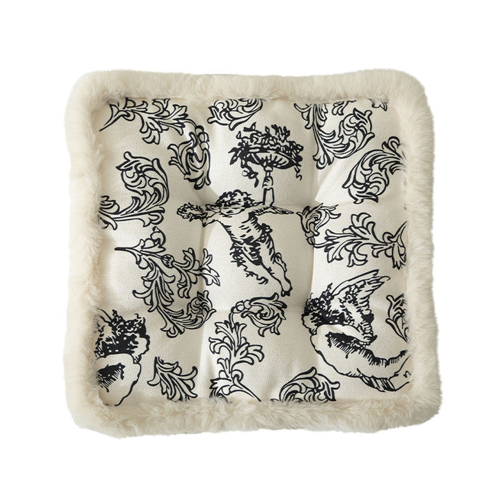 Decorative square seat cushion with baroque angel print and faux fur trim