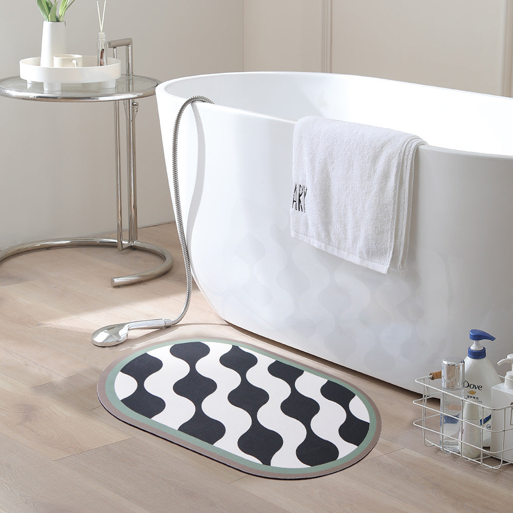 Oval non-slip vinyl mat with fine mosaic print and water-repellent surface