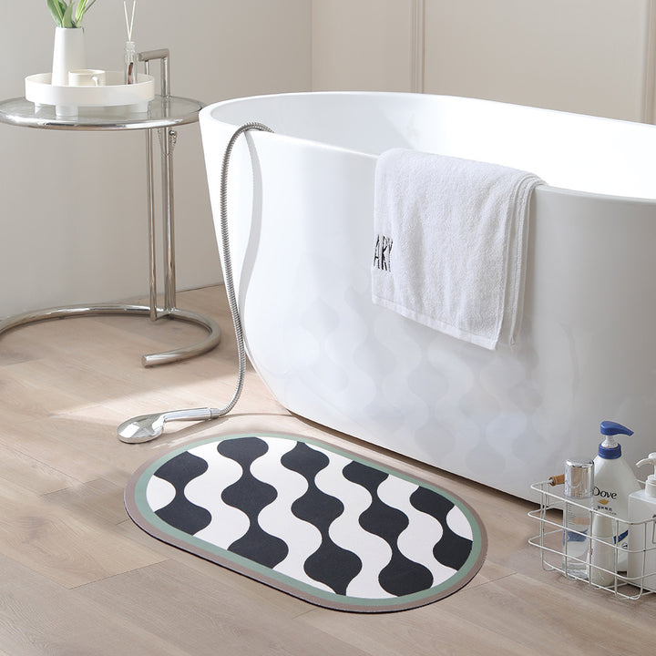 Oval non-slip vinyl mat with fine mosaic print and water-repellent surface