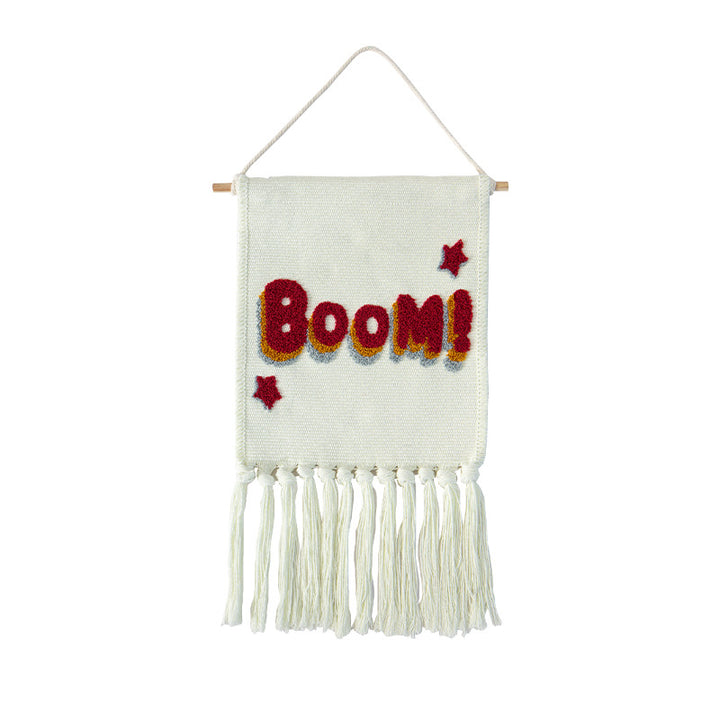Woven cotton blend wall hanging with tufted cactus motif and cotton fringes