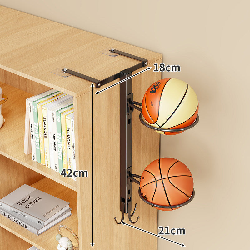 Multi-Ball Vertical Over-Shelf Sports Ball Organizer with Circular Cradles and Hook Storage