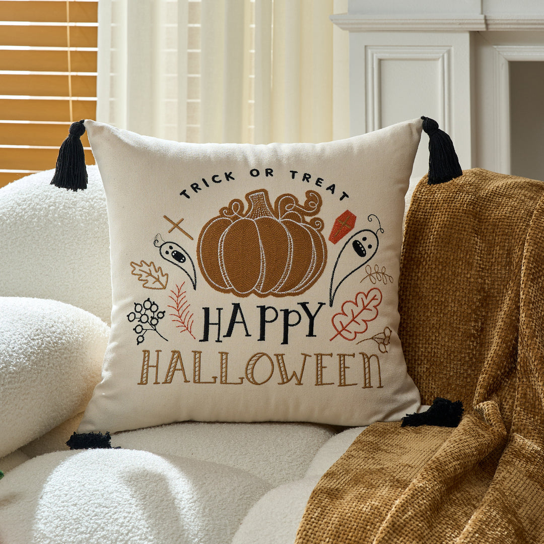 Tufted Chenille Ghost Appliqué Square Cushion Cover with Hidden Zipper
