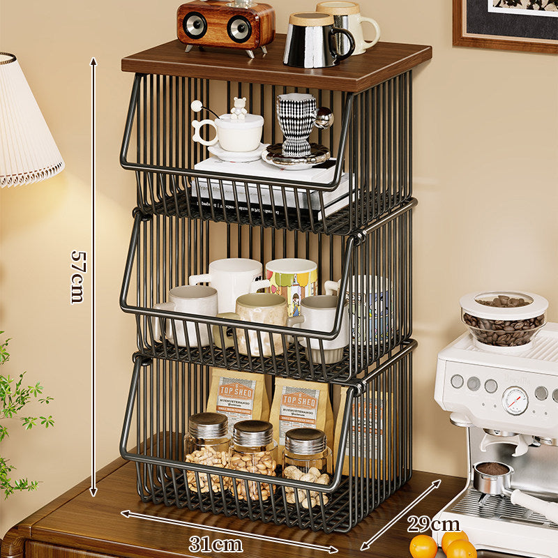 Four-Tier Industrial Wire Basket Cart with Wood Top and Swivel Locking Casters