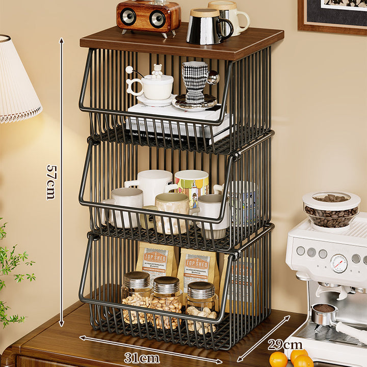 Four-Tier Industrial Wire Basket Cart with Wood Top and Swivel Locking Casters