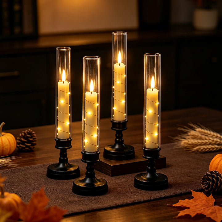 LED flameless table candle holder with glass hurricane and remote control