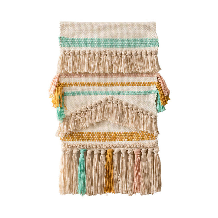 Macrame Wall Hanging with Fringe, hand-knotted cotton texture